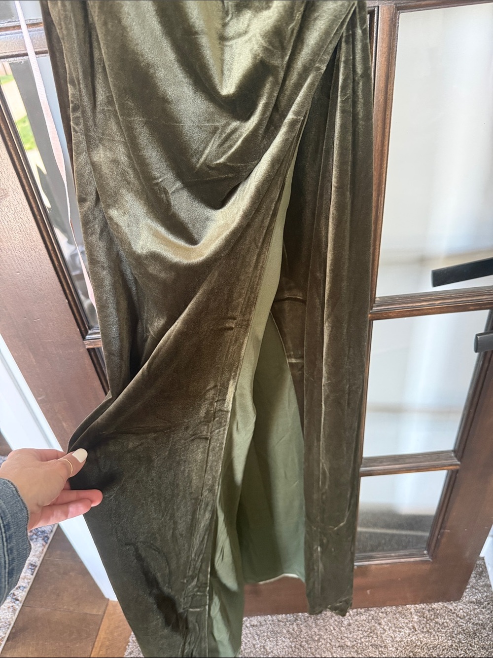 NWT Lulus Elegant Era Olive Green Velvet One-shoulder Maxi Dress - Size S - Picture 6 of 7